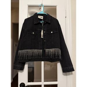 Savanna Jane rhinestone fringe crop front denim jacket black medium western NWT